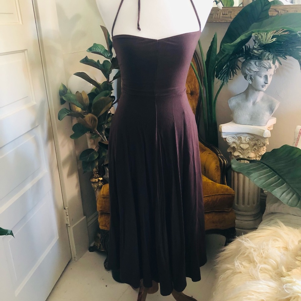 Reformation Sz XS Brown stretchy Midi dress with Full Skirt and POCKETS
